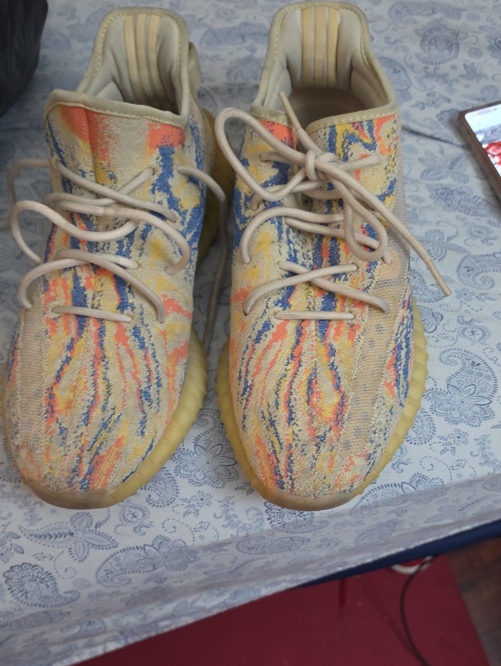 Yeezy Boost Multicolor Knit Lace-Up Sneakers - Yellow/Blue/Orange